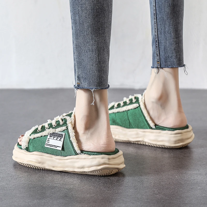 Half slippers for women to wear in summer, new 2023 thick soled one line silk slippers with lace up open toe sandals