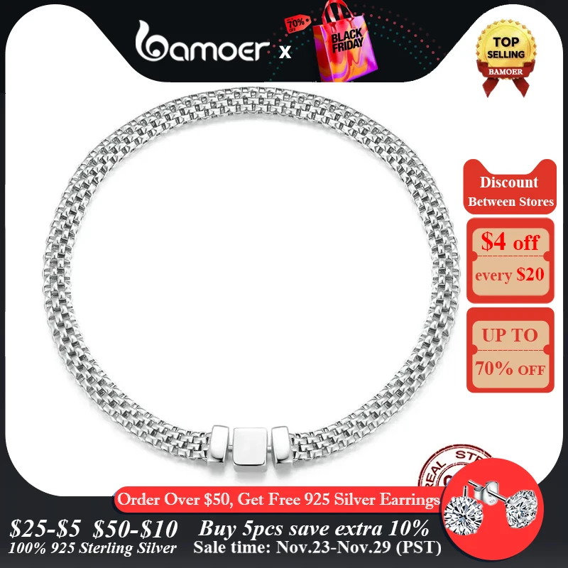 

Bamoer 925 Sterling Silver Classic Square Buckle Bracelet Retro Braided Silver Chain Link for Women Platinum Plated Fine Jewelry