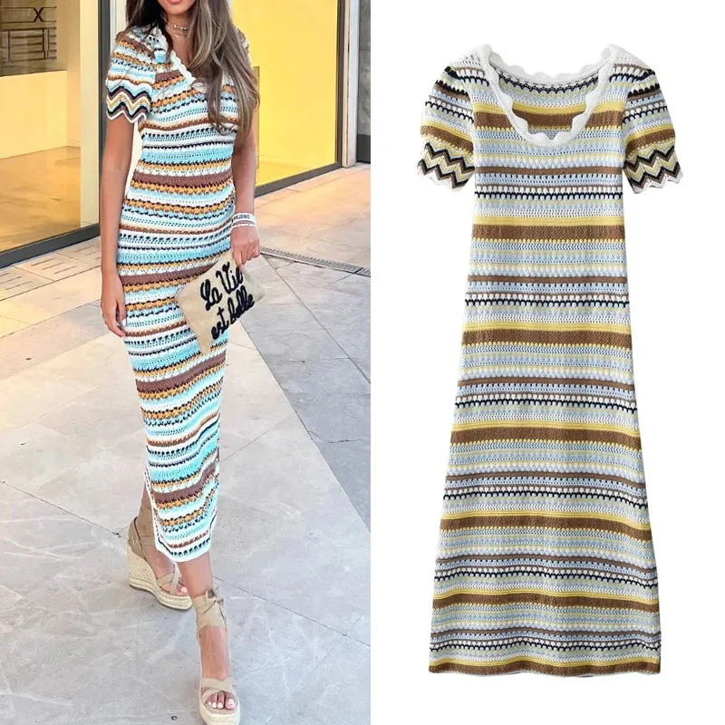 

TRAF Knitted Striped Long Dresses For Women 2023 Female Dress Elegant Round Neck Short Sleeves Party Dress Sexy Summer Dresses