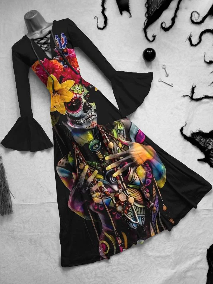 

2022 Elegant Ladies Print Dress Summer Fashion New Halloween Horror Beauty Skull Party Party Sexy Rose Girl Long Sundress
