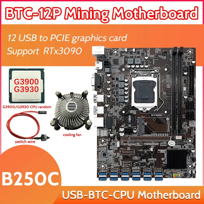 B250C 12 Card BTC Mining Motherboard+G3900/G3930 CPU+Cooling Fan+Switch Cable 12XUSB3.0 To PICE1X LGA1151 DDR4 RAM MSATA