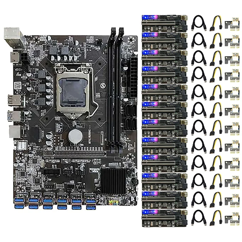 

HOT-B250C BTC Mining Motherboard 12 USB3.0 to PCIE Graphics Slot LGA1151 DDR4 DIMM RAM with 12X010S Plus PCIE Riser Card