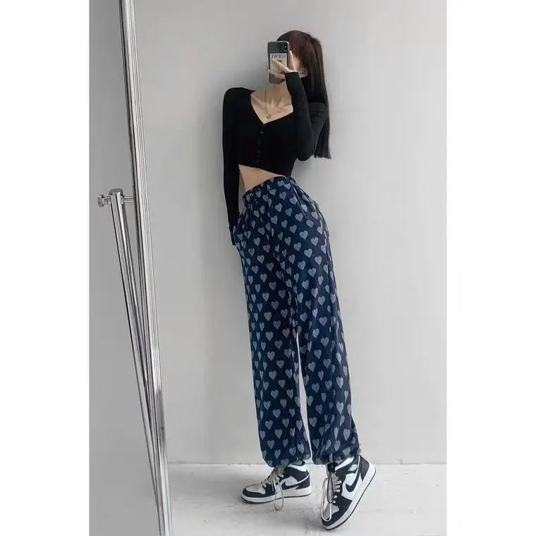 

Women's Pants Heart Print Wide Leg Pants Pockets Loose Elastic Waist Harajuku Pants Korean Fashion Womens Spring Clothing