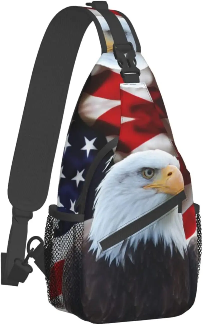 Eagle USA Flag Sling Bag Backpack Women Men Crossbody Shoulder Chest Bag Unisex for Travel Casual Hiking with Adjustable Strap