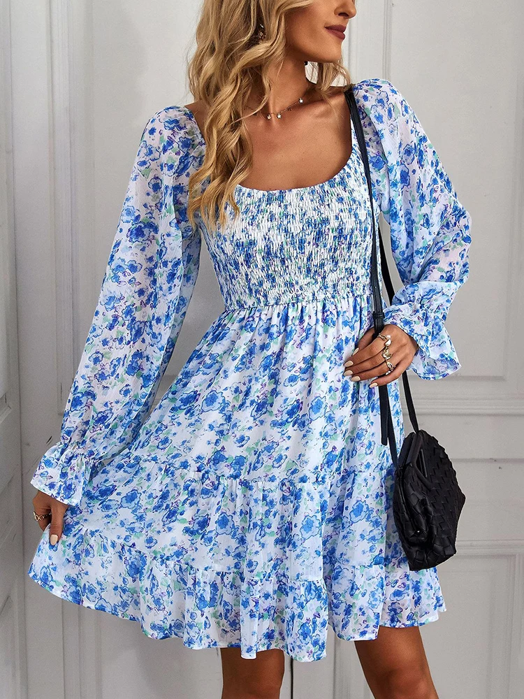 

Jastie/женское повседневное мини-платье с цветочным принтом на весну и лето, с длинными рукавами и оборками, с квадратным вырезом, Vestidos Boho, элег...