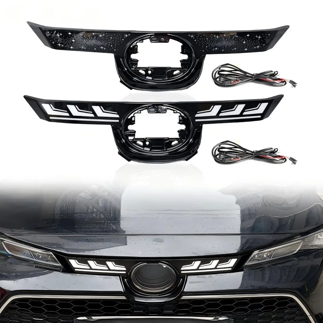 Фото Светодиодные передние фары для Toyota Corolla 2019-2025: Модифицированные светодиодные фары в решетке радиатора, дневные ходовые огни, указатели поворота №1