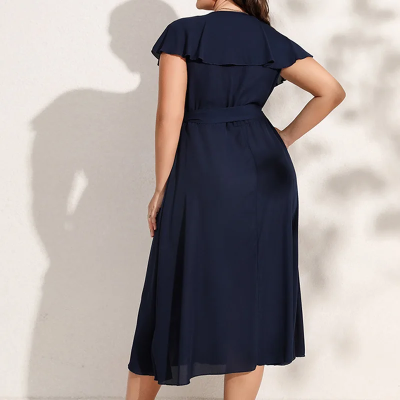 Summer Women's Clothing Evening Party Sexy V-Neck Solid Color Patchwork Ruffles 3/4 Sleeve Folds Plus Size A-line Mid-Calf Dress