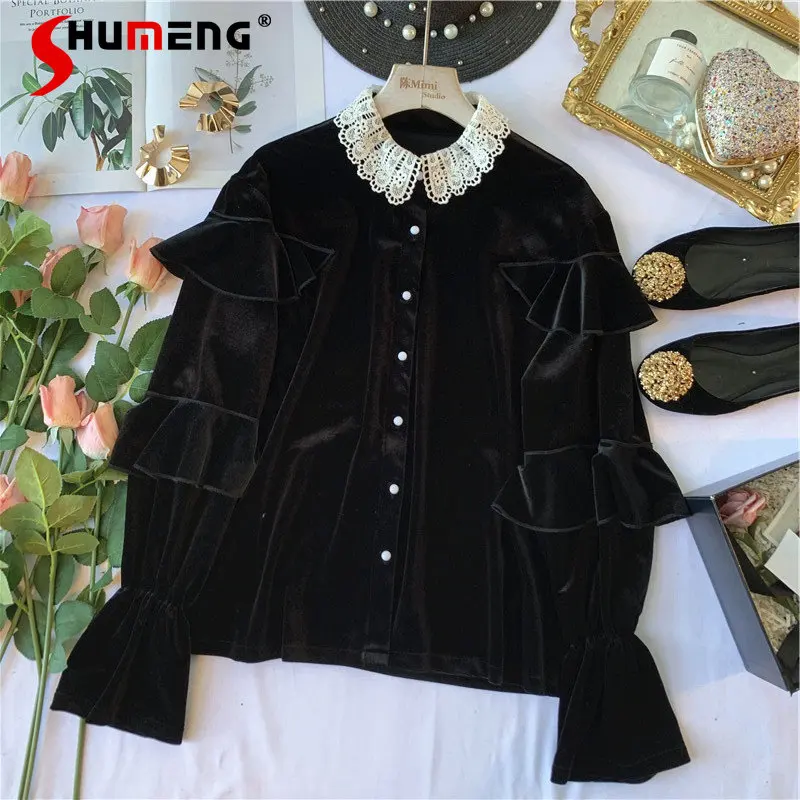 

Элегантная бархатная блузка в виде черного лебедя в стиле Хепберн с кружевным воротником и оборками новинка Женская модная Простая рубашка...