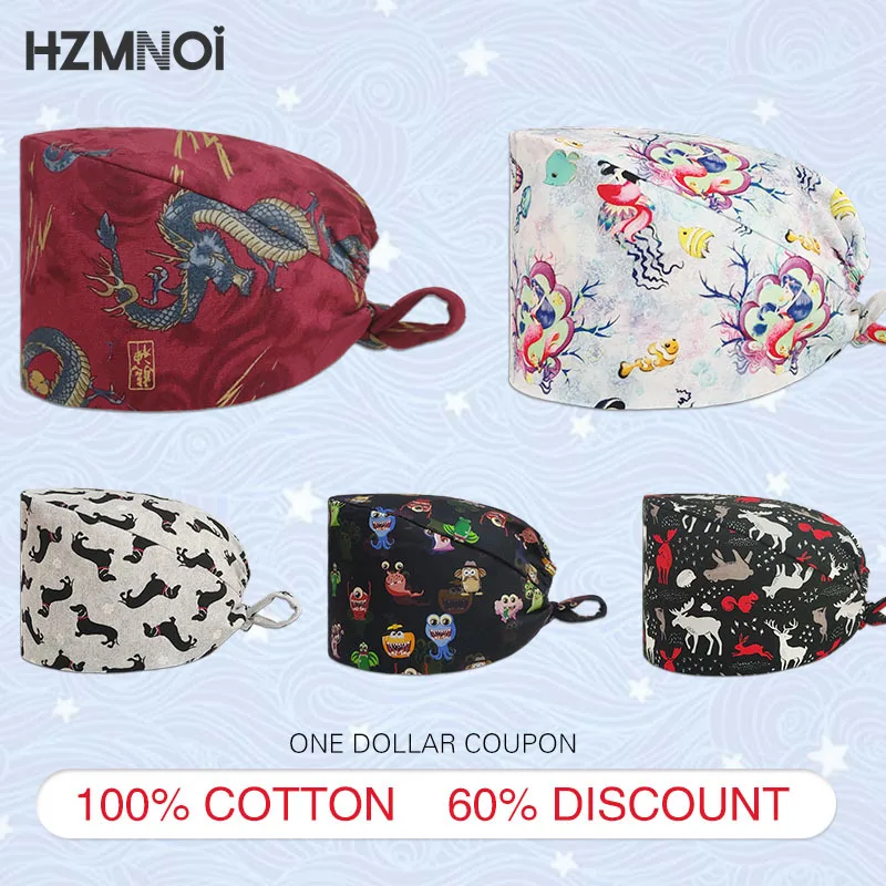 

Personalized Color Printed Cotton Scrub Hat Adjustable Beauty Salon Work Cap Laboratory Pet Shop Scrub Hat Ladies Nurse Hat