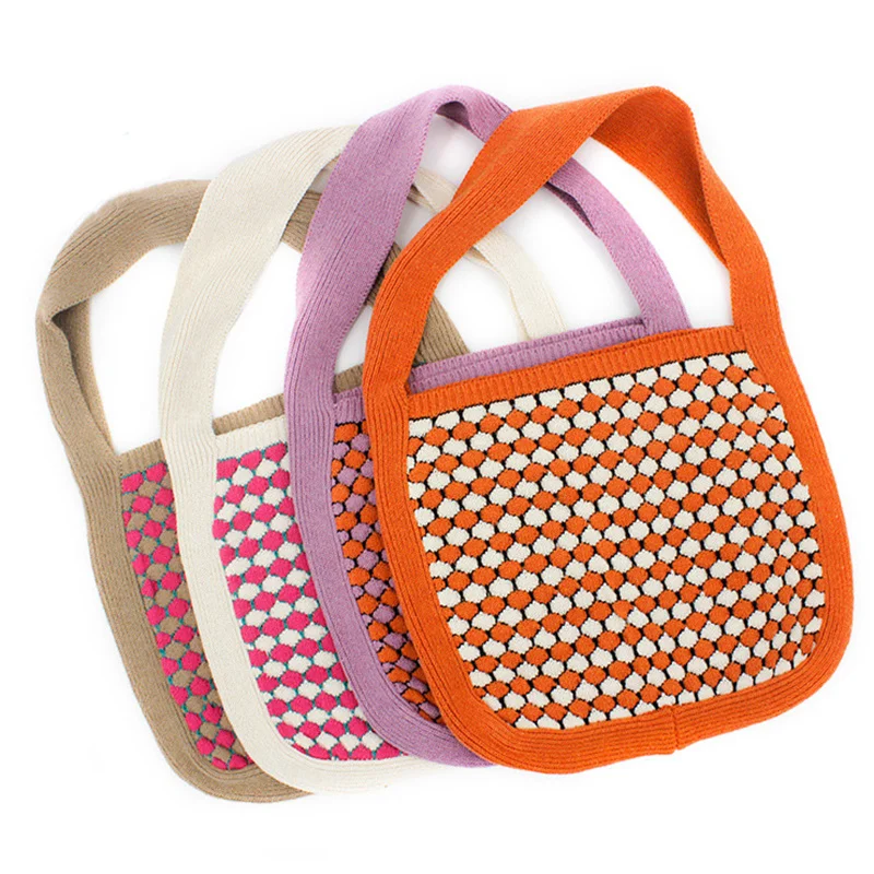 

Female Casual Crochet Woven High Capacity Soft Slouchy Shoulder Bag Women Vintage Retro Knitted Plaid Hobo Daily Shopping Bag