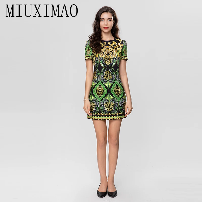 

MIUXIMAO 2023 Высокое качество Весна-лето элегантное платье с коротким рукавом O-образным вырезом зеленое модное мини-платье с принтом женские пл...
