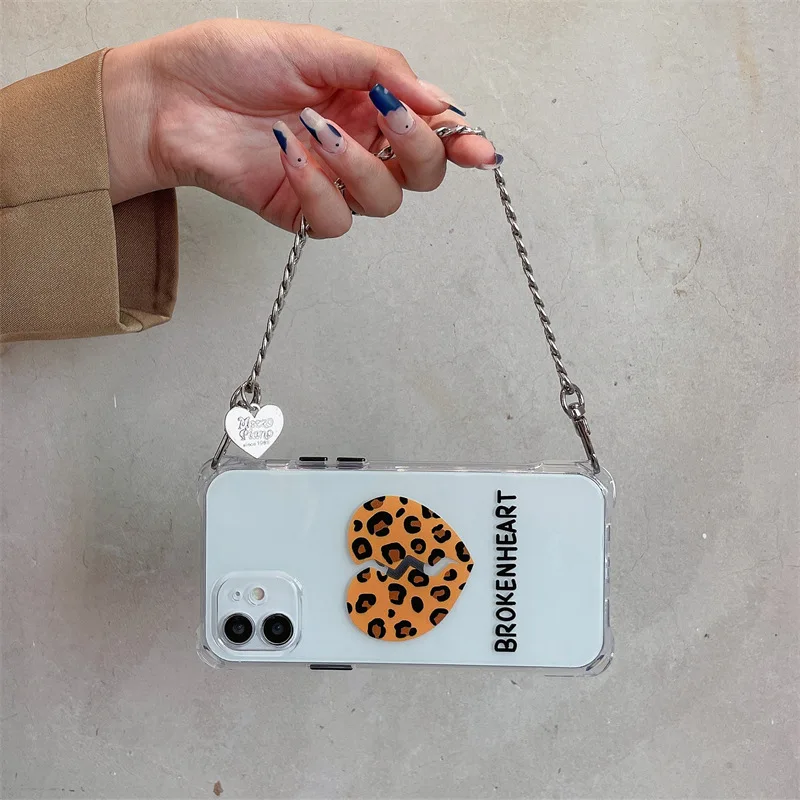 

Leopard Print Heartbreak Phone Case With Chain For Iphone Tansparent Phone Case For iphone 13 12 11 Pro X XR XS Max Decor Case