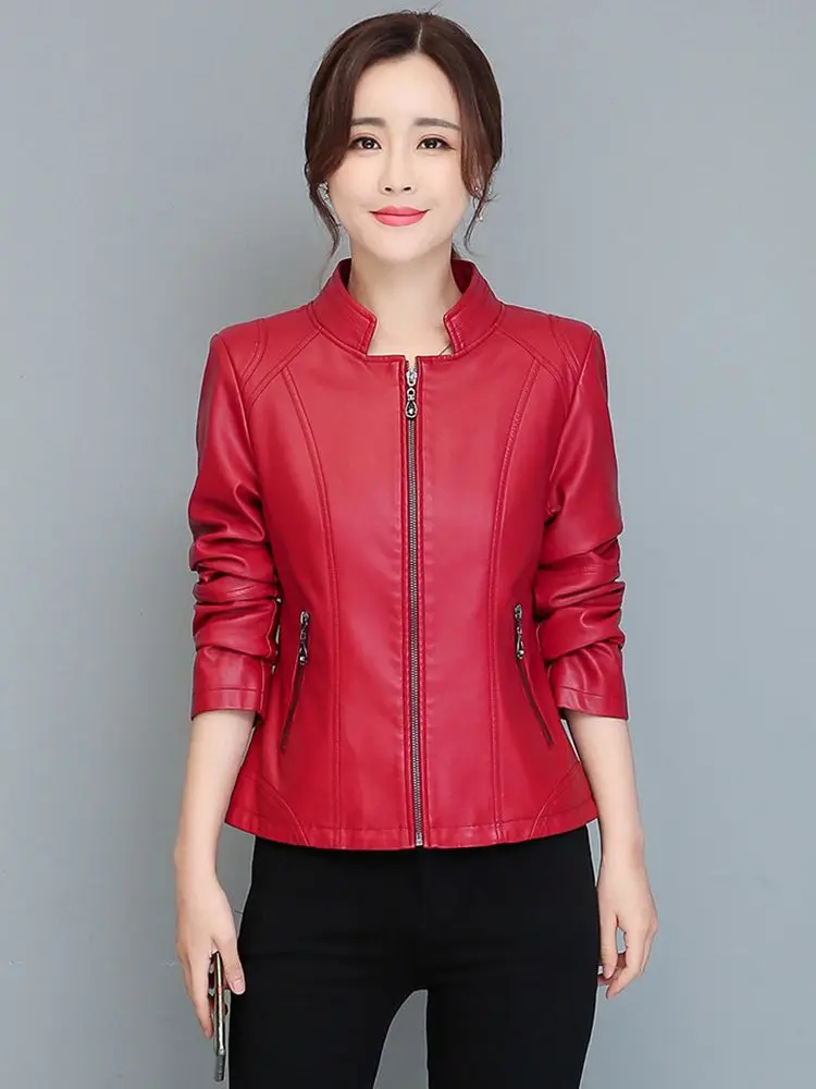 New Women Short Leather Coat Spring Autumn Fashion Small Stand Collar Sheepskin Slim Jacket Casual Outerwear Split Leather