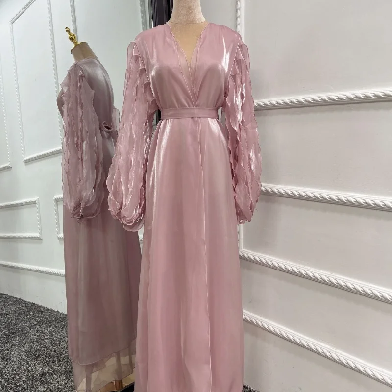 Summer Petal Puff Sleeve Muslim Abaya Women Dress Modest Morocco Party Long Dress Islamic Turkey Dubai Eid Ramadan Jubah Robe