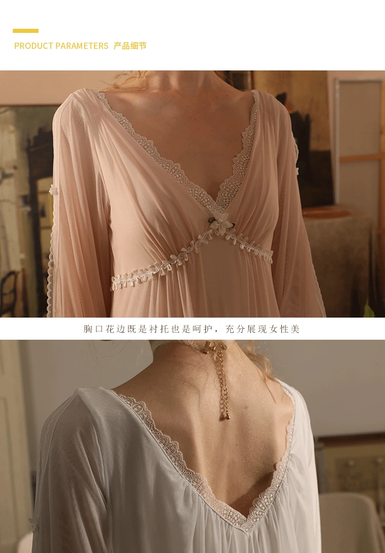 Women's Sexy Elegant V Neck Lace Stitching with Removable Chest Pad Modal Gauze Nightgowns Sleepshirts Sleepwear Pajamas