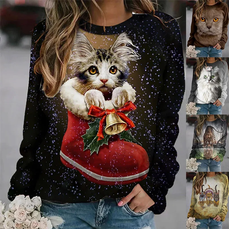 

2022 Animal Printed Long Sleeve Winter Autumn Round Neck Fashion Tops Women Elegant Pullover Tee Shirt Female Christmas Sweater