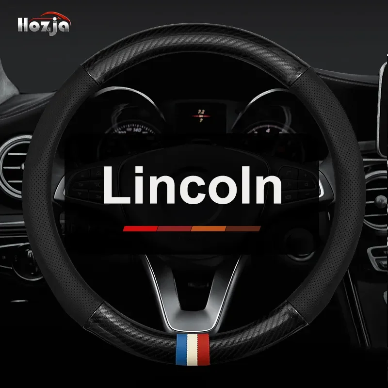 

For Lincoln Aviator 2020 2021 2022 2023 Steering Wheel Cover Breathable Non-slip Carbon Fiber Bicolor Leather Car Accessories