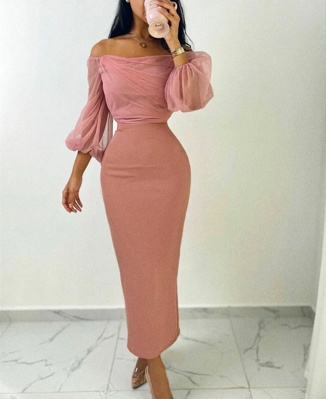 

Vintage Long Pink Tulle Evening Dresses Sheath Pleated Ankle Length فساتين سهرة Formal Party Dress With Sleeves Women Prom Gowns