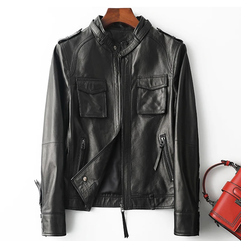 Женская байкерская куртка из 100% натуральной овечьей кожи с коротким рукавом