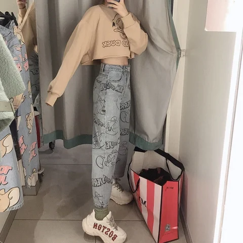 Personality cartoon women jeans new autumn and winter fashion loose high waist jeans street clothes printed straight leg pants