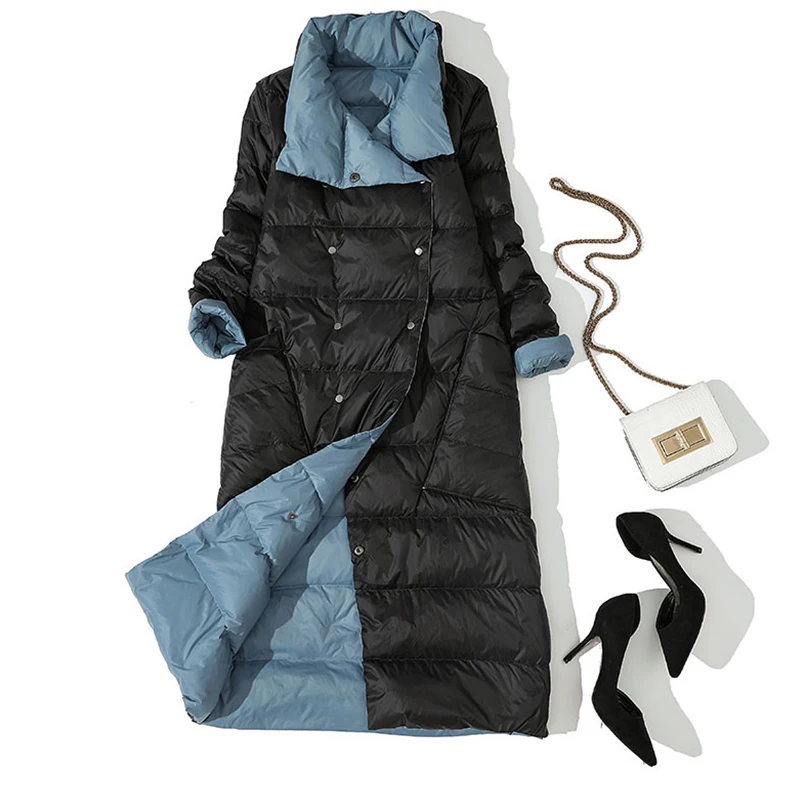 Women's Lightweight Reversible Long Jacket Winter Ultralight White Duck Down Parka Breasted Women's Jacket Autumn Winter Women's