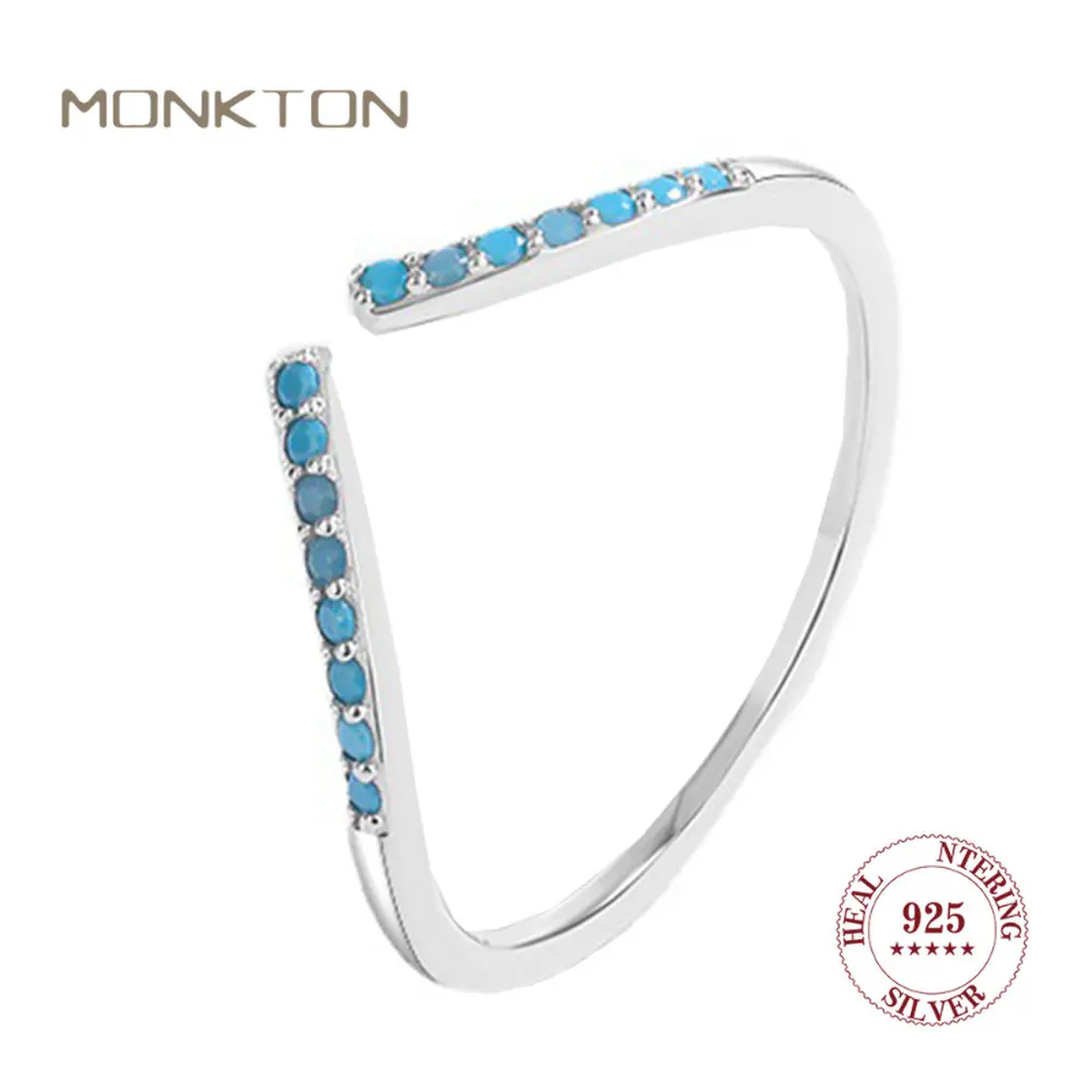

Monkton V Shaped Simple 925 Sterling Silver Finger Rings for Women Micro Inset Blue Zirconia Opening Dating Ring Fine Jewelry