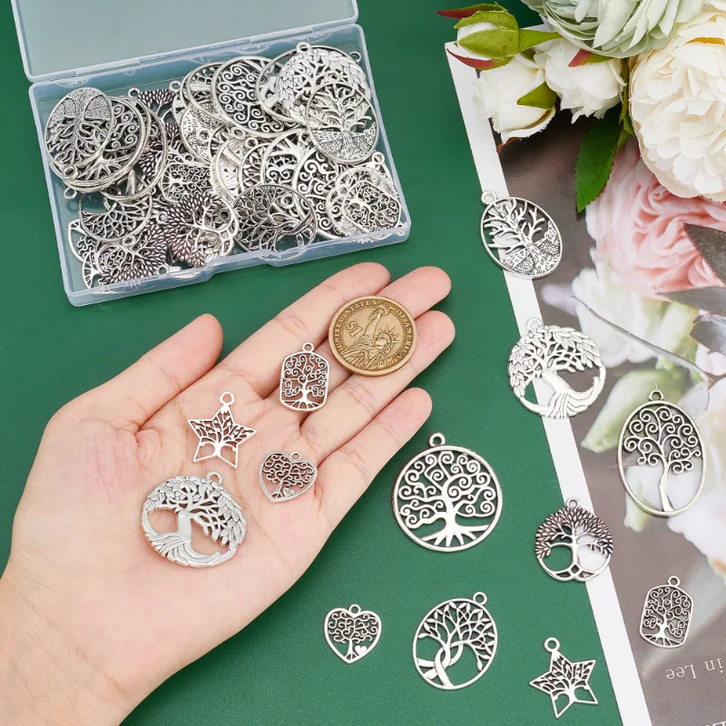 54Pcs Tibetan Style Alloy Pendant Mixed Shape Hollow Metal Charms for Jewelry Findings Making Earring Necklace DIY Crafts