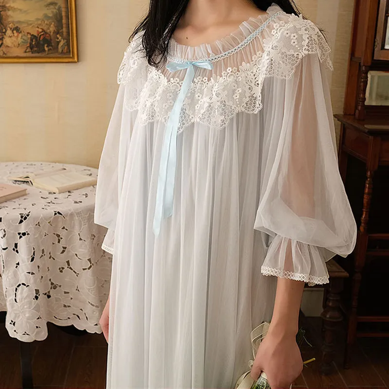 Princess Vintage Wedding Gown Sweet Lace Round Neck Long Nightgown Women Loose Full Sleeves Mid-Calf Pure Cotton Lining Nightie