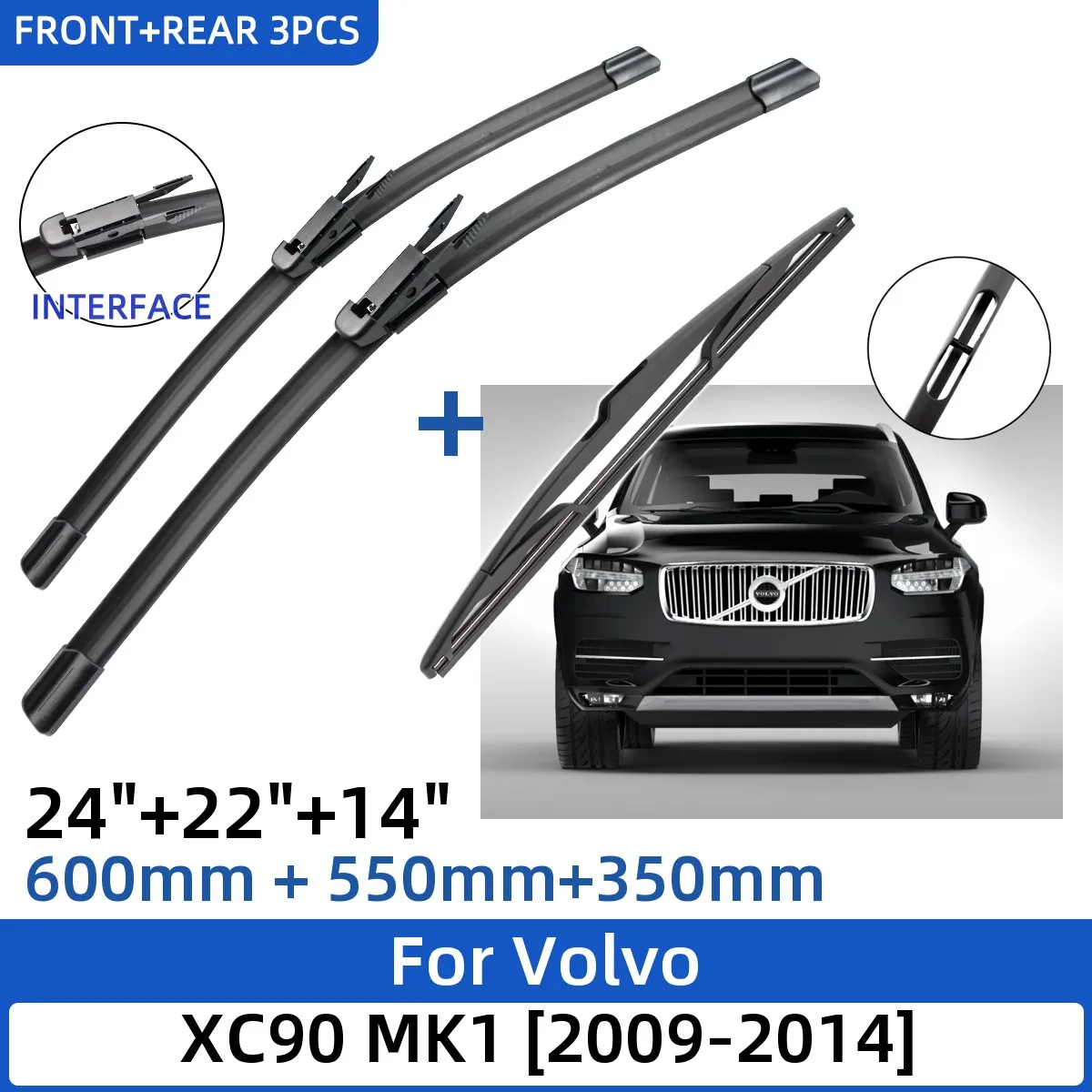 

For Volvo XC90 MK1 2009-2014 24"+22"+14" Front Rear Wiper Blades Windshield Windscreen Window Cutter Accessories 2012 2013 2014