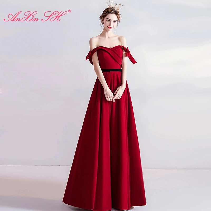 

AnXin SH princess wine red satin party vintage boat neck beading bow sleeve a line lace up bride host evening dress 8199