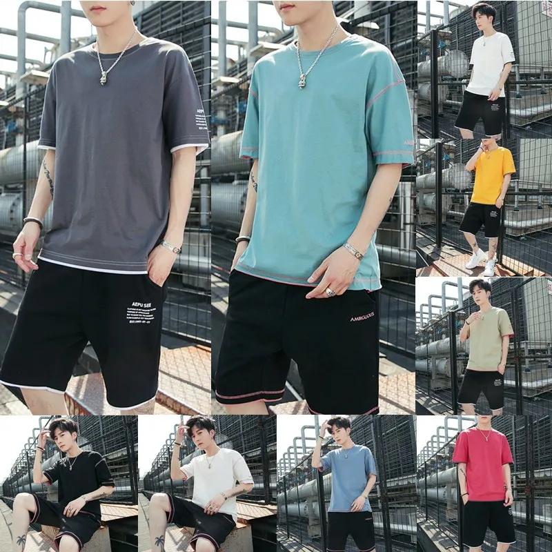 

Summer Men's Short-sleeved T-shirt Two-piece Suit Shorts Men's Casual Sports Suit Loose Solid Color T-shirt Men 95 Cotton