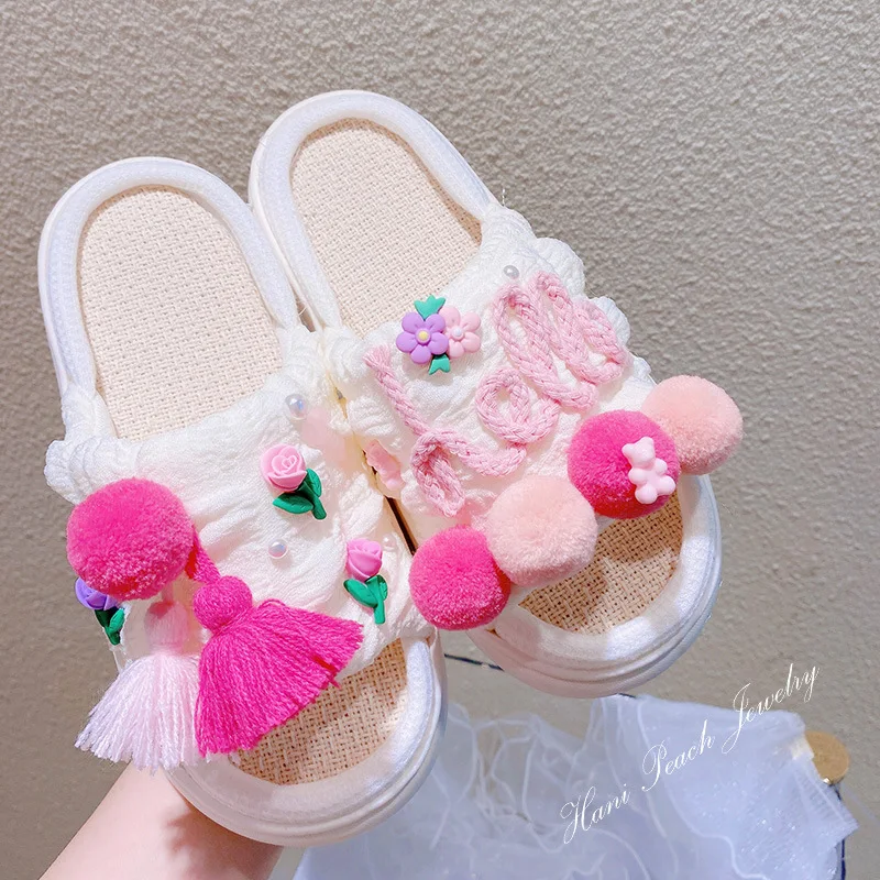 Fashion Spring Summer Cotton Linen Women Slippers Flower Lace Bow Tassels EVA Thick Sole Indoor Home Ladies Sandals Slides Shoes