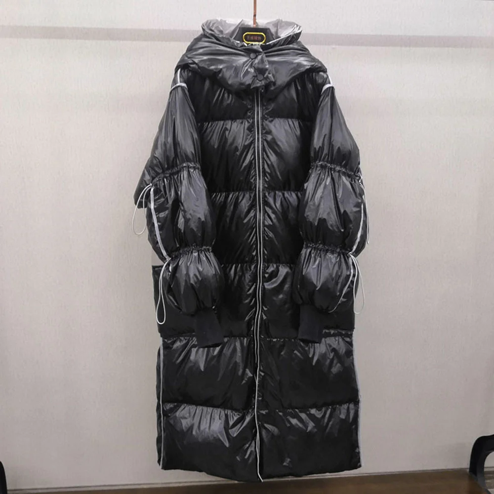 

White Women Duck Long Jacket With Hood Detachable Female Thick Loose Soft Down Windproof Casual Feather Coat