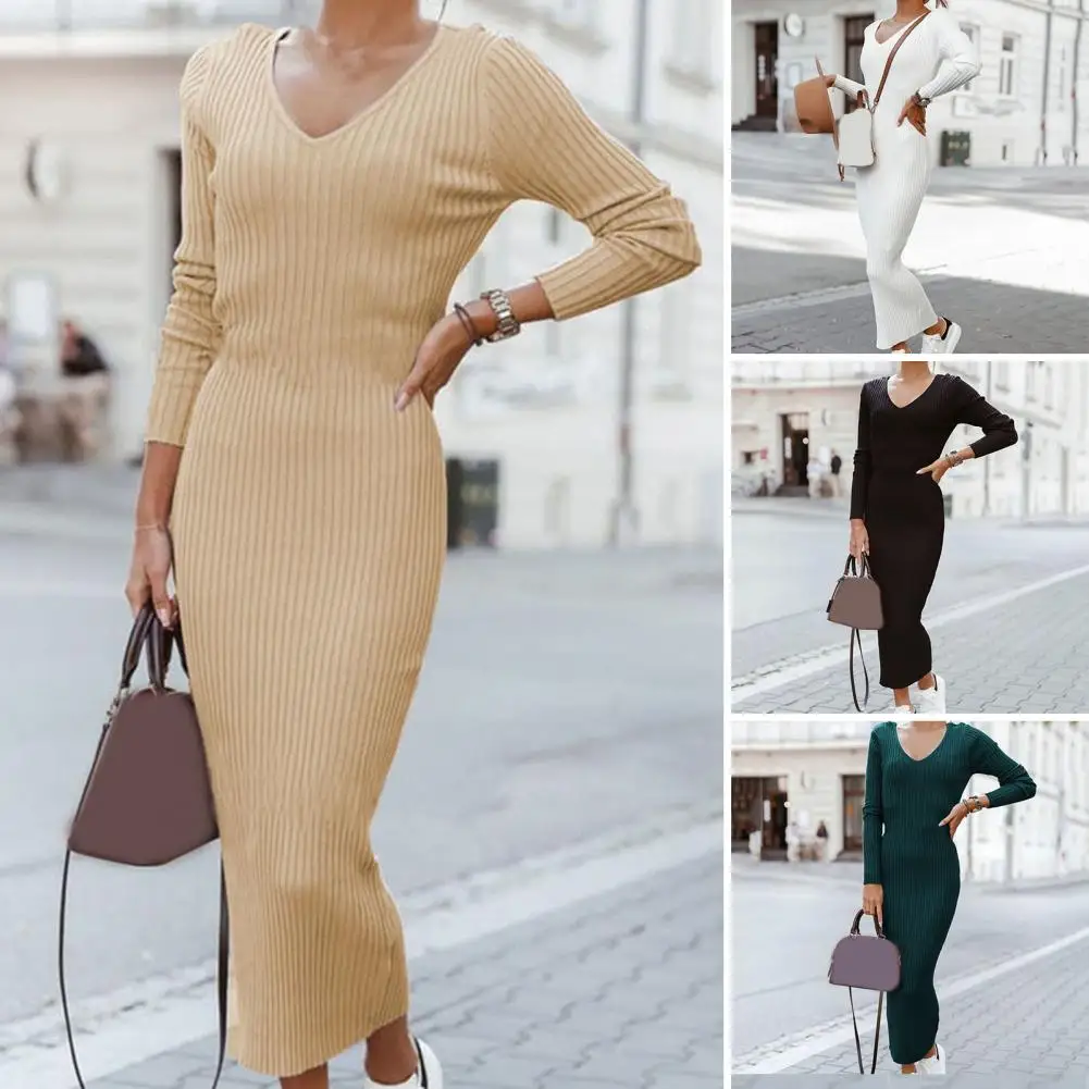 

Женское трикотажное облегающее платье-свитер, однотонное длинное обтягивающее платье-стрейч с V-образным вырезом в уличном стиле, весна-осень 2022