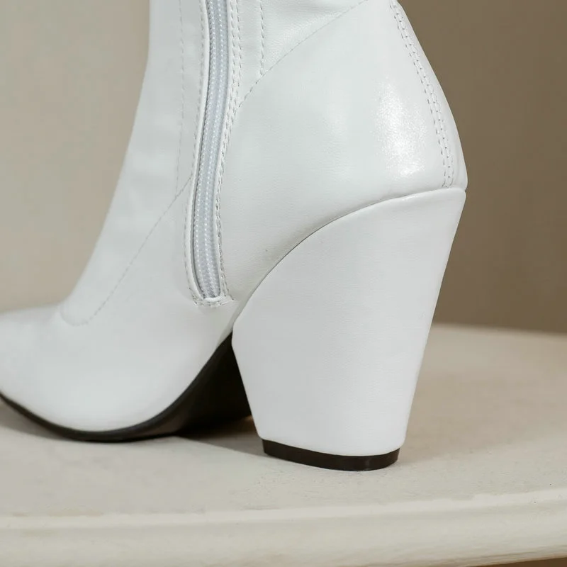 Black Red White Women Over the Knee Boots PU Leather Pointed Toe Square High Heel Ladies Long Boots Fashion Zipper Dress Boots