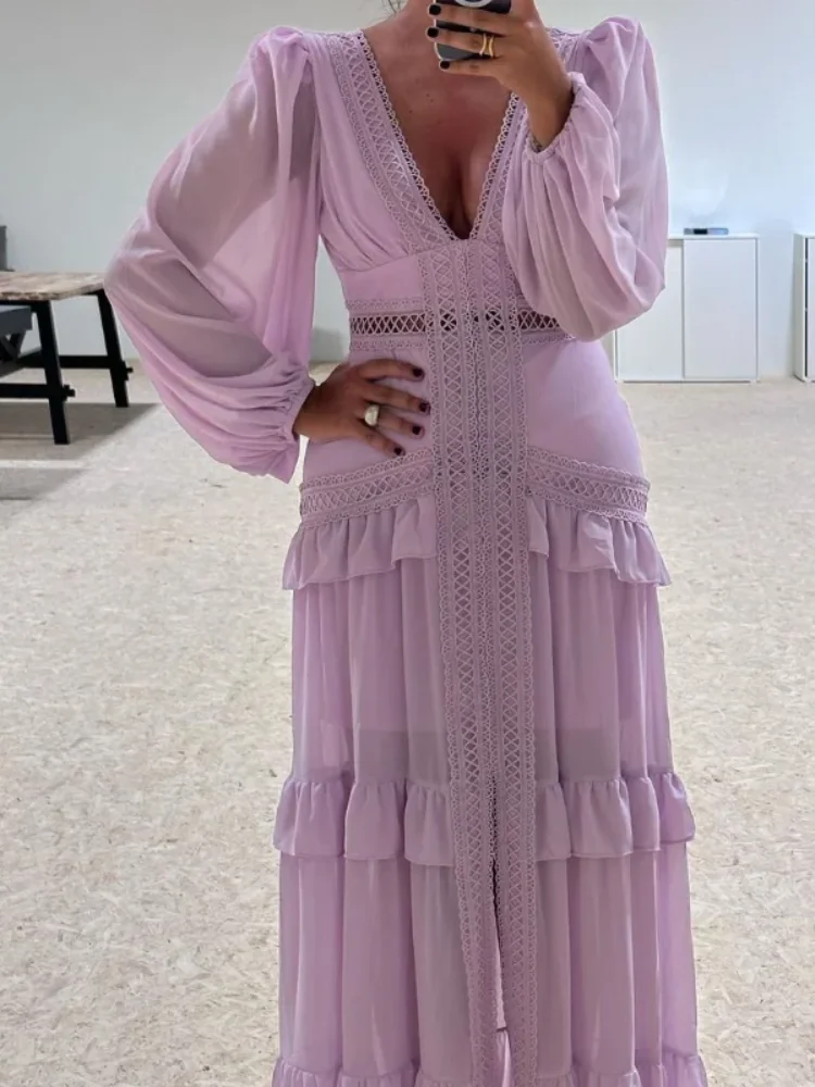 Женское длинное платье с V-образным вырезом и длинными рукавами