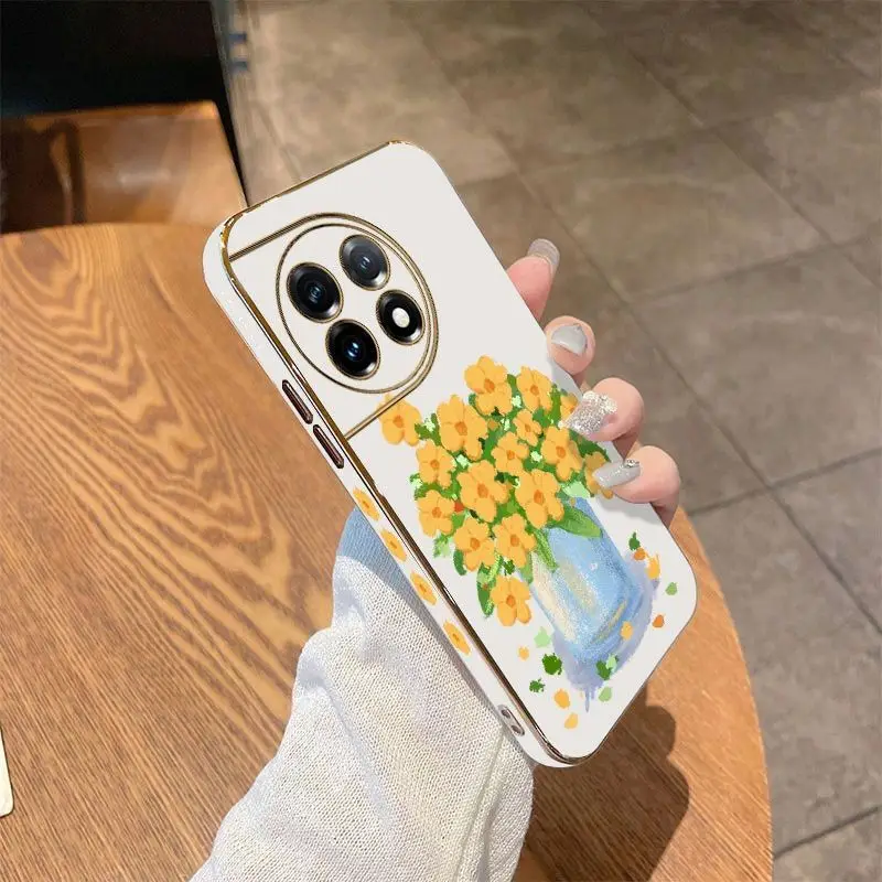 Oil Painting Flower Luxury Plating Phone Case For Oneplus 11 11R 10R 10T 10 Pro 9 9R 9RT 8T 8 8 Pro Cover