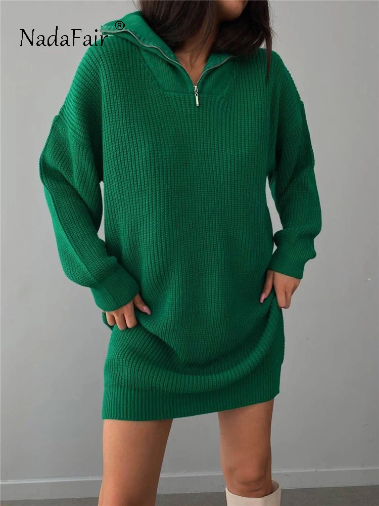 

Nadafair Autumn Winter 2022 Women Sweater Dress Long Sleeve Green Knitted Turn Down Collar Zipper Mini Dresses Casual Y2K Loose