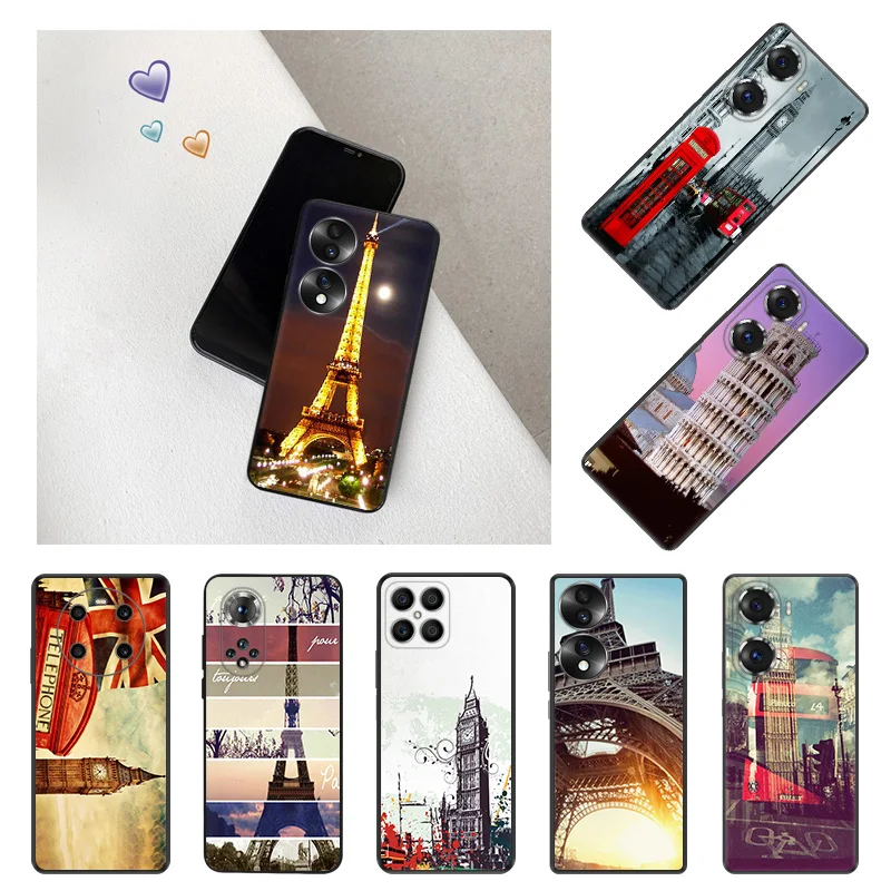 

Black Anti-Drop Phone Case For Honor X9 X8 X7 X6 X40 X40i Play6T 6C 9A Magic4 70 60 50 30i 20 8X London Eiffel Paris Art Cover