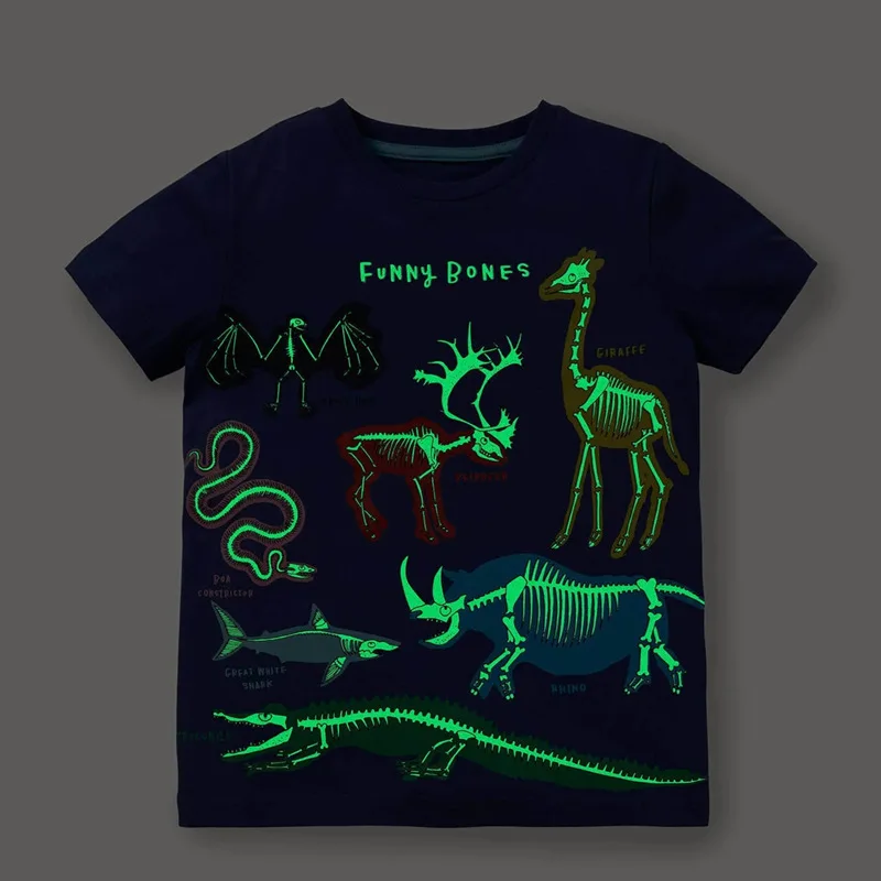 Luminous Fluorescence Tee Animal World Printed 2022 Summer New Short Sleeve Children's Cotton Round Neck Cool Glow At Night