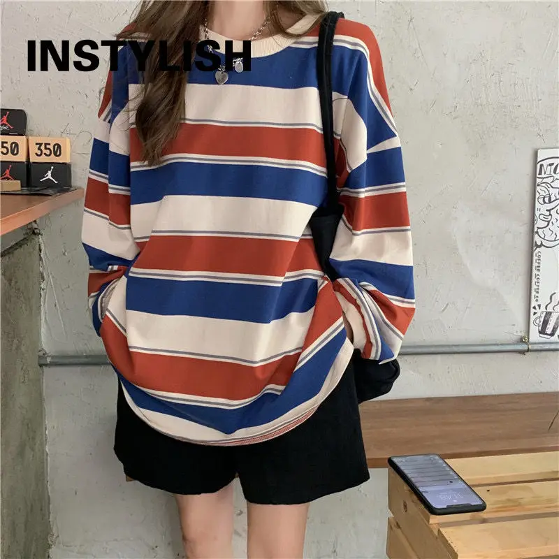 

Повседневная Свободная футболка в полоску с длинным рукавом, корейская мода, в стиле Харадзюку, футболка оверсайз, Женская Осенняя уличная одежда с круглым вырезом Y2K, универсальные Топы