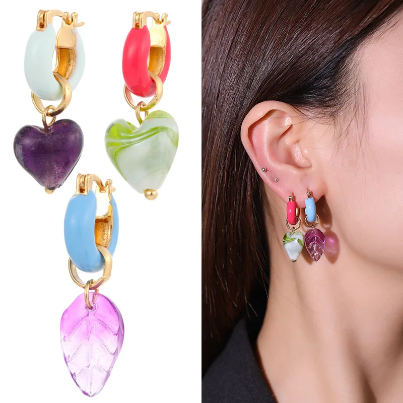 

INS Natural Stone Glass Beads Leaf Mushroom Pearl Earrings Heart Shape Colorful Enamel Irregular Pendant Hoop Earrings For Women