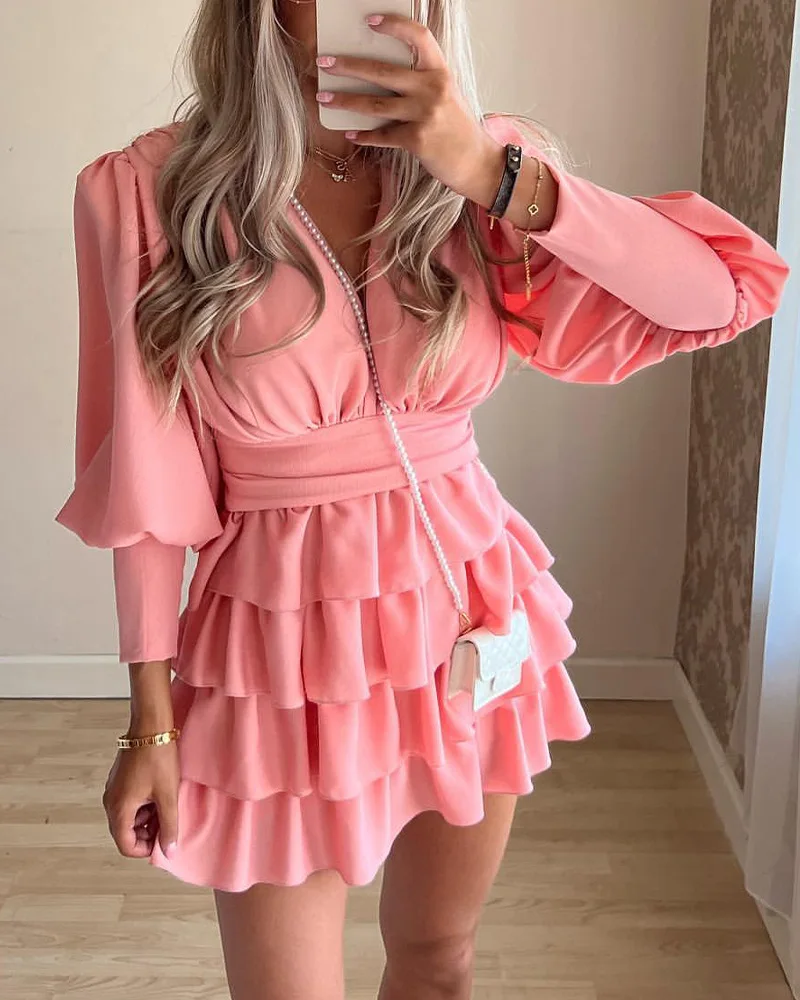 

Summer 2022 Mini Dress A-Line Chic Pink Frill Ruffle Bubble Balloon Sleeve Layered V Neck Sweet Dress