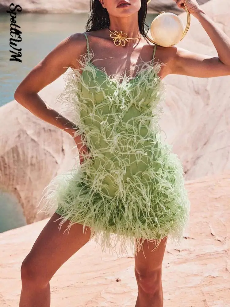 

Платье-комбинация женское с V-образным вырезом, пикантное приталенное платье-трапеция без рукавов, с вышивкой страусиных волос, креативная ...