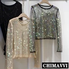 Блестящая рубашка Стразы с длинным рукавом, уличная одежда для женщин, весна 2021, сексуальный пуловер с вырезами, футболка, укороченный топ, одежда для ночного клуба