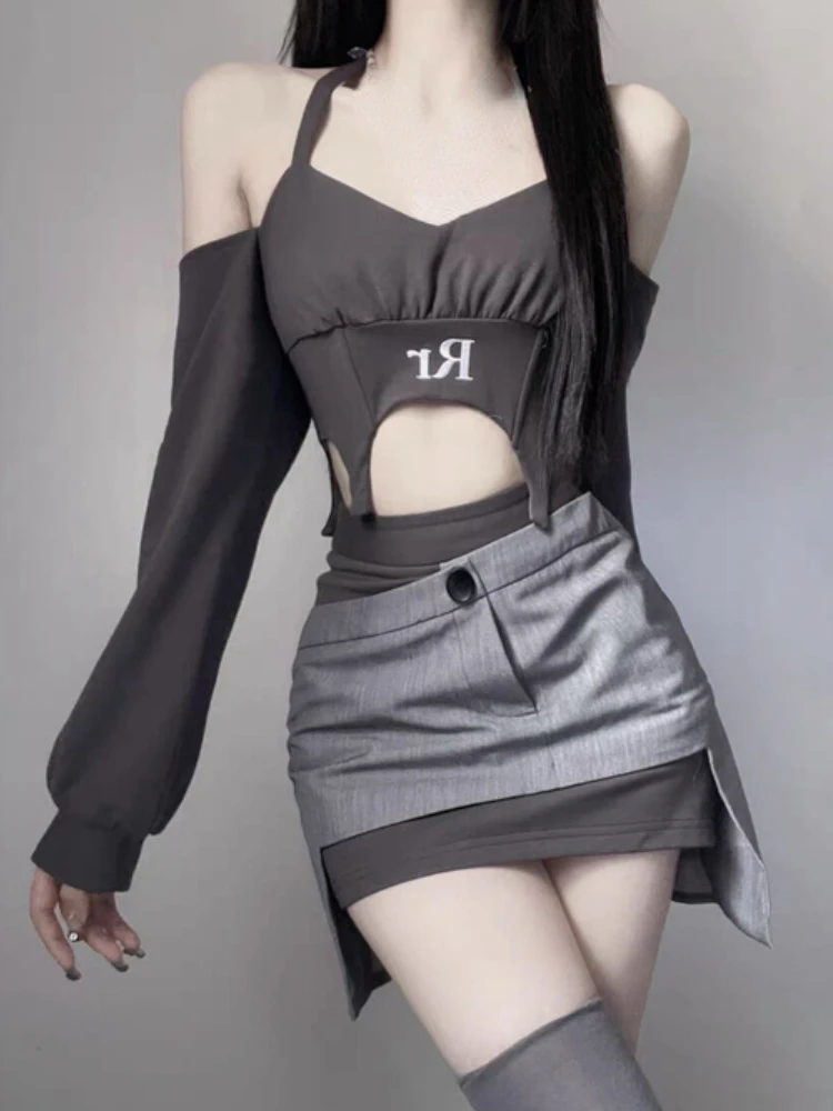 

Женский костюм из двух предметов, Привлекательный костюм из двух предметов с открытыми плечами и французской винтажной мини-юбки, корейский дизайн, необычная шикарная юбка, костюм 2023