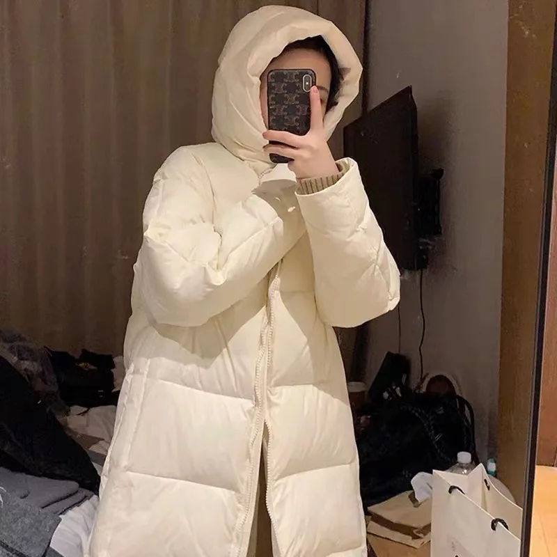 Solid Color Down Jacket Fashion Winter Coat Women New Niche Thick Warm Bread Loose Hat V-neck White Eiderdown Zipper Coat