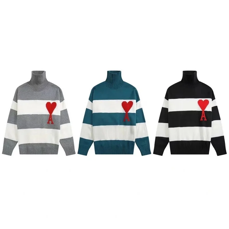

2023 Autumn Winter Fashion High Quality Women's Sweater Striped Sweater Loose Turtleneck Pullover Men's And Women's Clothing
