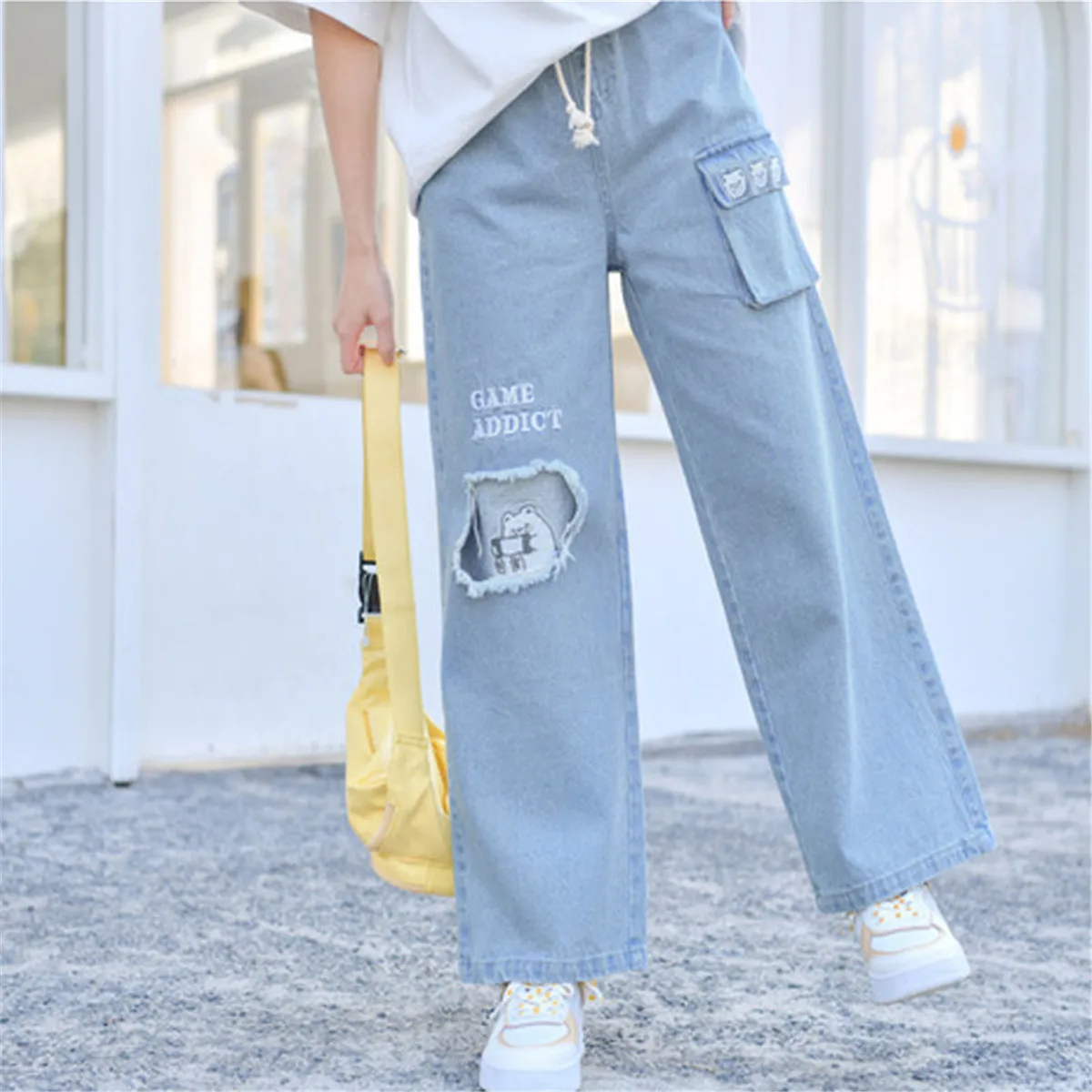 

Cute Cat Print Ripped Pants Kawaii Wash Jeans Women Spring High Waist Funny Straight Gothic High Street Skeleton Denim Pants