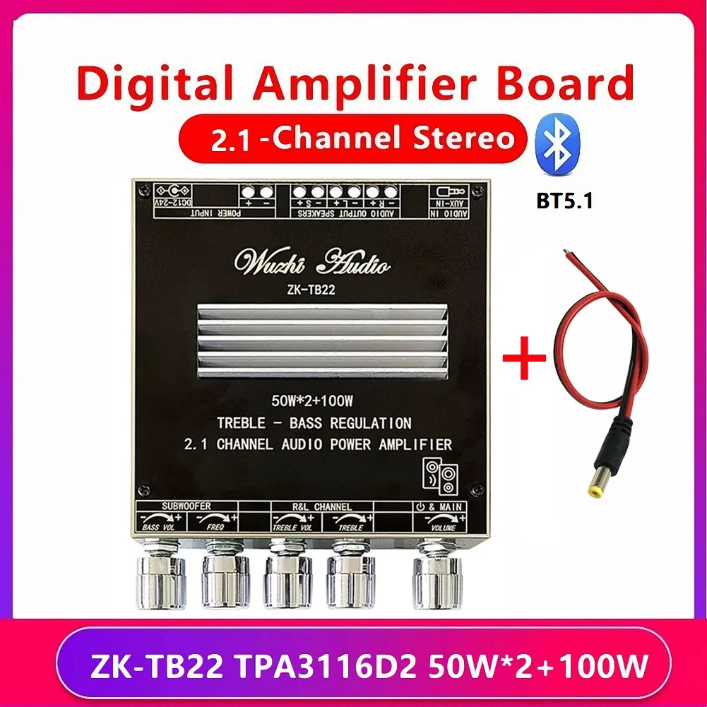 

ZK-TB22 2.1 Channel Bluetooth 5.1 Amplifier Board with DIY Case+DC Cable TPA3116D2 50Wx2+100W Tweeter Subwoofer Module